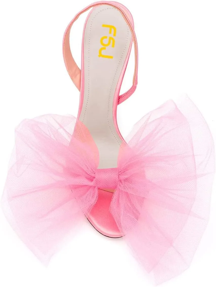 FSJ Women Fashion Large Floral Mesh Bow Open Toe Stylish Mid Heels Stiletto Pump Elastic Slingback Sandals Slip on Shoes Wedding Dress Comfy Shoes Size 4-15 US