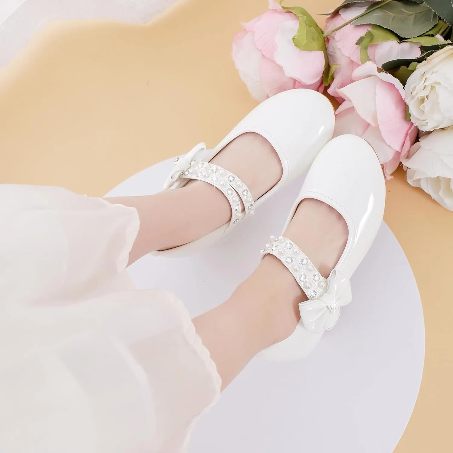 Girls Dress Shoes - Flower Girl Shoes with Low Heel Pump, Glitter Princess Heels for Toddler to Big Kids - Birthday, Christmas, Wedding & Party Occasions