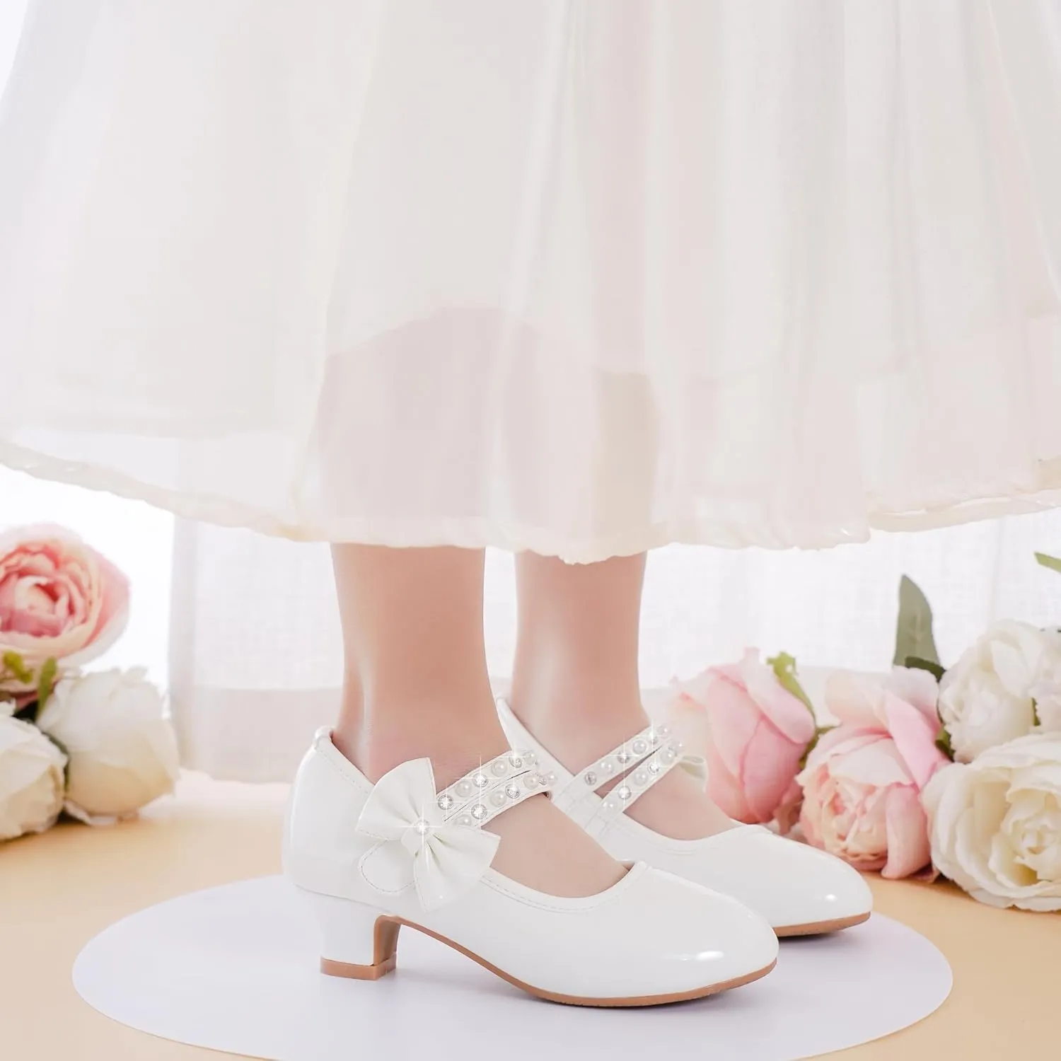 Girls Dress Shoes - Flower Girl Shoes with Low Heel Pump, Glitter Princess Heels for Toddler to Big Kids - Birthday, Christmas, Wedding & Party Occasions