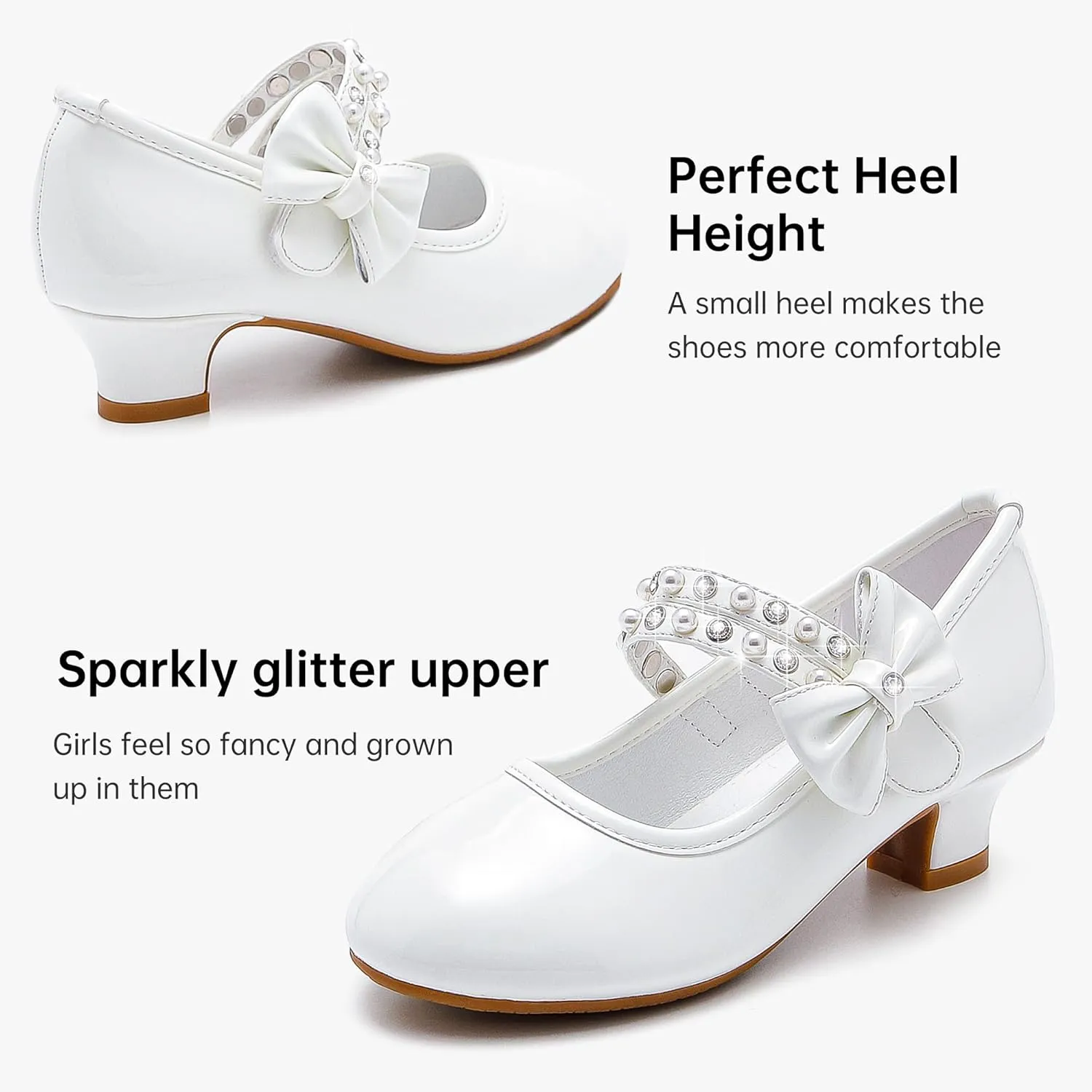 Girls Dress Shoes - Flower Girl Shoes with Low Heel Pump, Glitter Princess Heels for Toddler to Big Kids - Birthday, Christmas, Wedding & Party Occasions