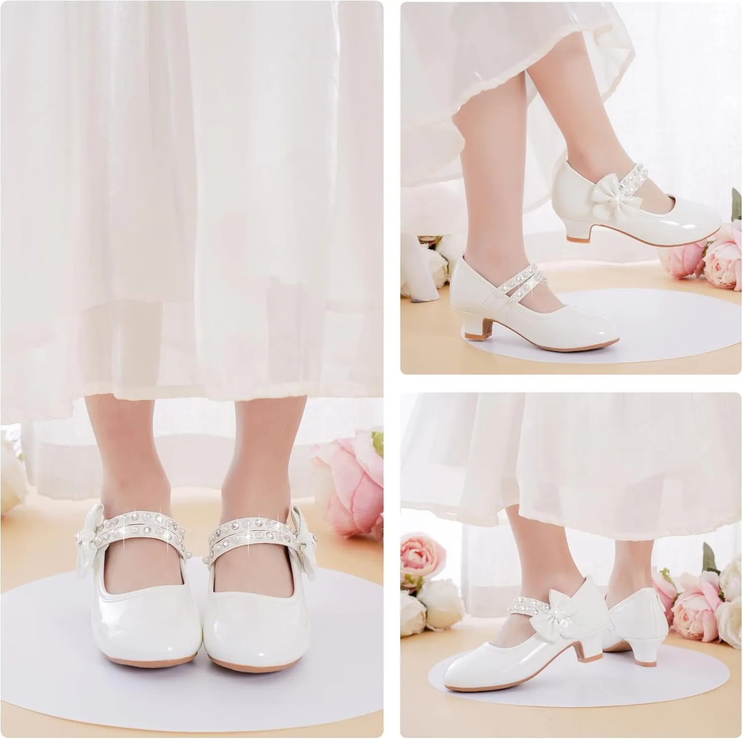 Girls Dress Shoes - Flower Girl Shoes with Low Heel Pump, Glitter Princess Heels for Toddler to Big Kids - Birthday, Christmas, Wedding & Party Occasions