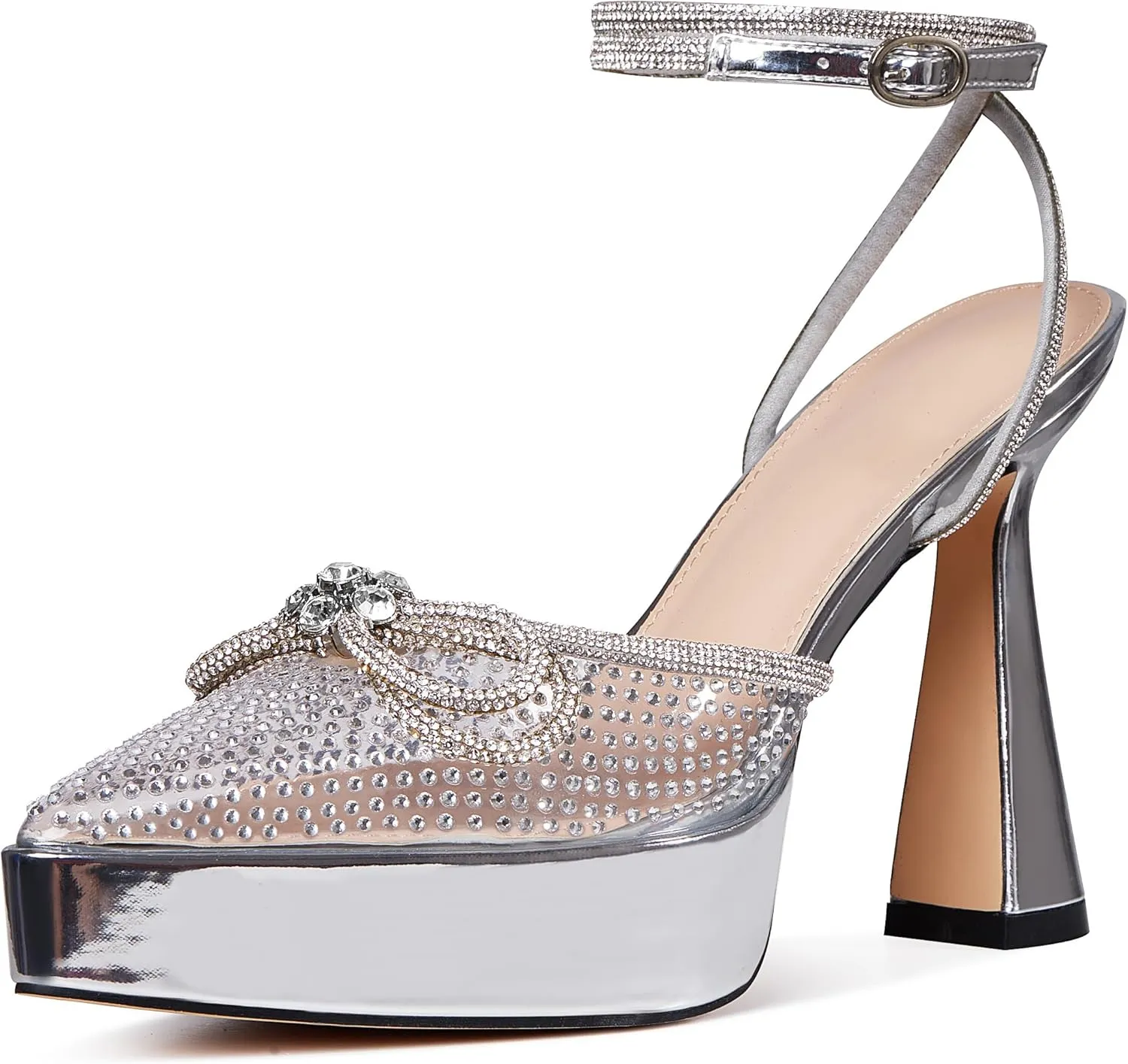 Goiphrri Platform Ankle Strap High Heeled Lace Up Pumps Sandals Ankle Buckle Straps Pump Rhinestone Stilettos Bowknots Wedding Sandals