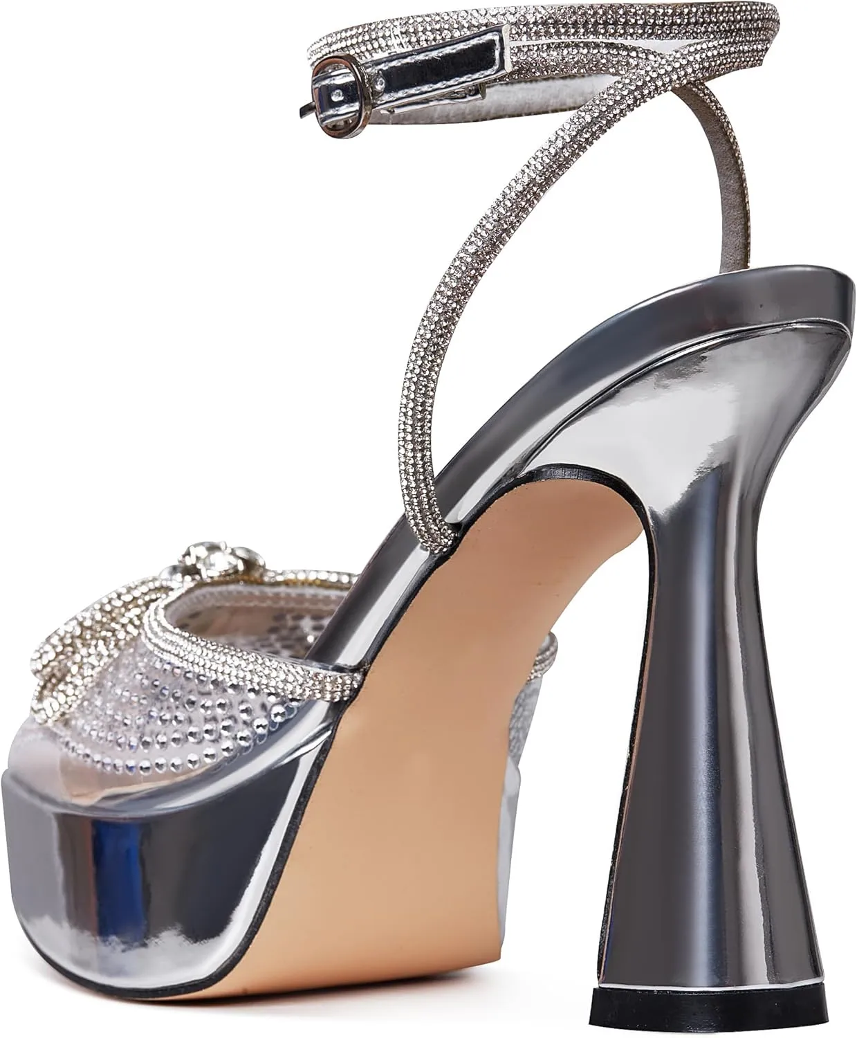 Goiphrri Platform Ankle Strap High Heeled Lace Up Pumps Sandals Ankle Buckle Straps Pump Rhinestone Stilettos Bowknots Wedding Sandals
