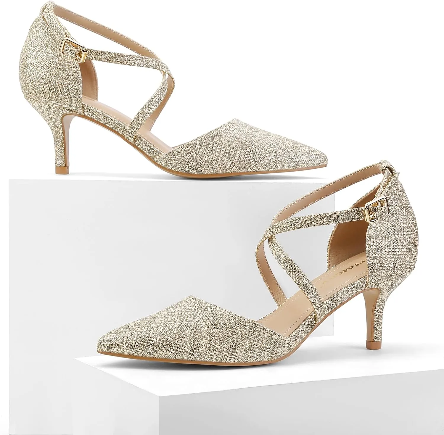 Greatonu Women's Low Heel Pumps Pointed Toe Bridal Wedding Party Kitten Heel Pump Shoes