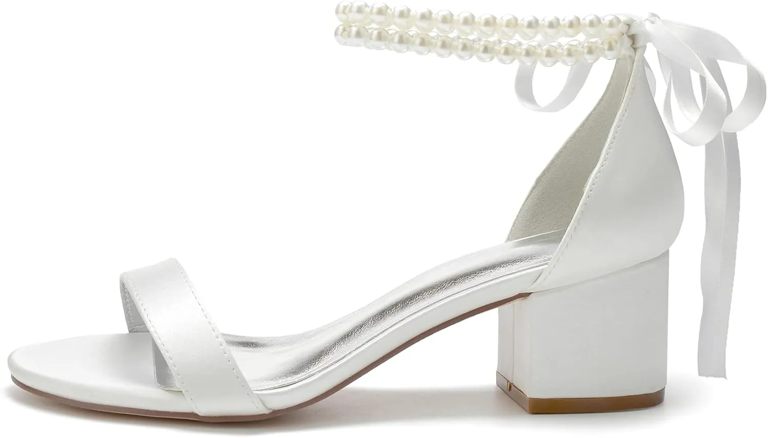 Hyinlays Women's Low Block Heel Wedding Shoes for Bride Open Toe Sandals Chunky Satin Pearl Prom Party Dress Shoes Comfortable Formal Pump Sandals