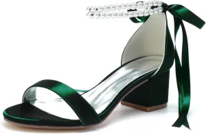 Hyinlays Women's Low Block Heel Wedding Shoes for Bride Open Toe Sandals Chunky Satin Pearl Prom Party Dress Shoes Comfortable Formal Pump Sandals