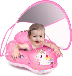 LAYCOL Baby Swimming Float Inflatable Baby Pool Float Ring with Sun Protection Canopy,add Tail no flip Over for Age of 3-36 Months