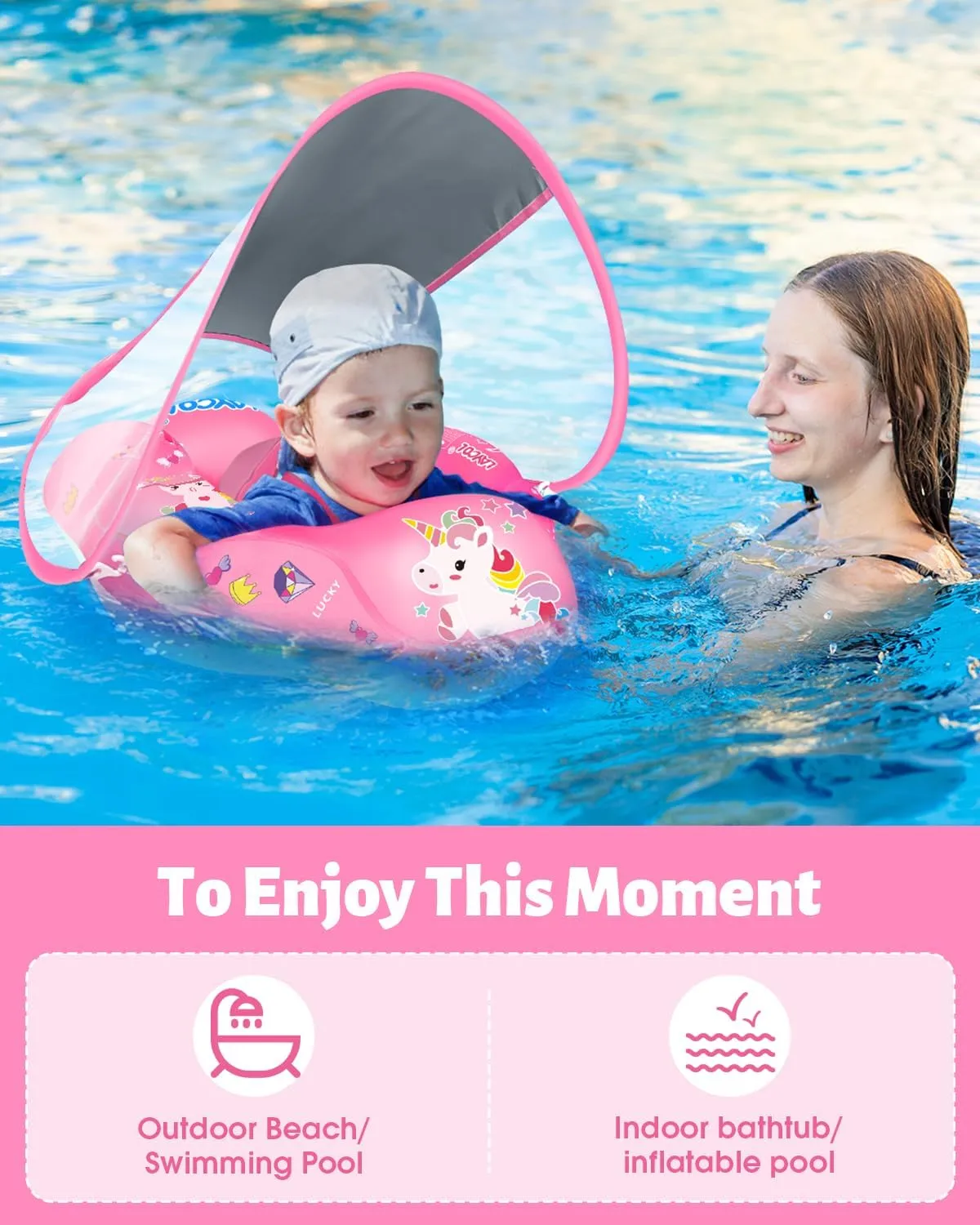 LAYCOL Baby Swimming Float Inflatable Baby Pool Float Ring with Sun Protection Canopy,add Tail no flip Over for Age of 3-36 Months
