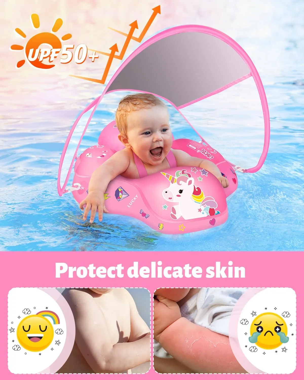 LAYCOL Baby Swimming Float Inflatable Baby Pool Float Ring with Sun Protection Canopy,add Tail no flip Over for Age of 3-36 Months
