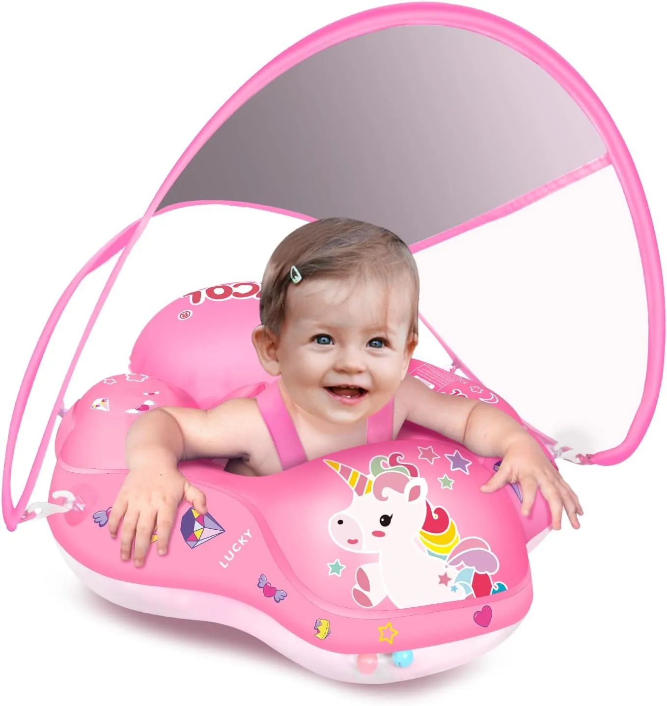 LAYCOL Baby Swimming Float Inflatable Baby Pool Float Ring with Sun Protection Canopy,add Tail no flip Over for Age of 3-36 Months