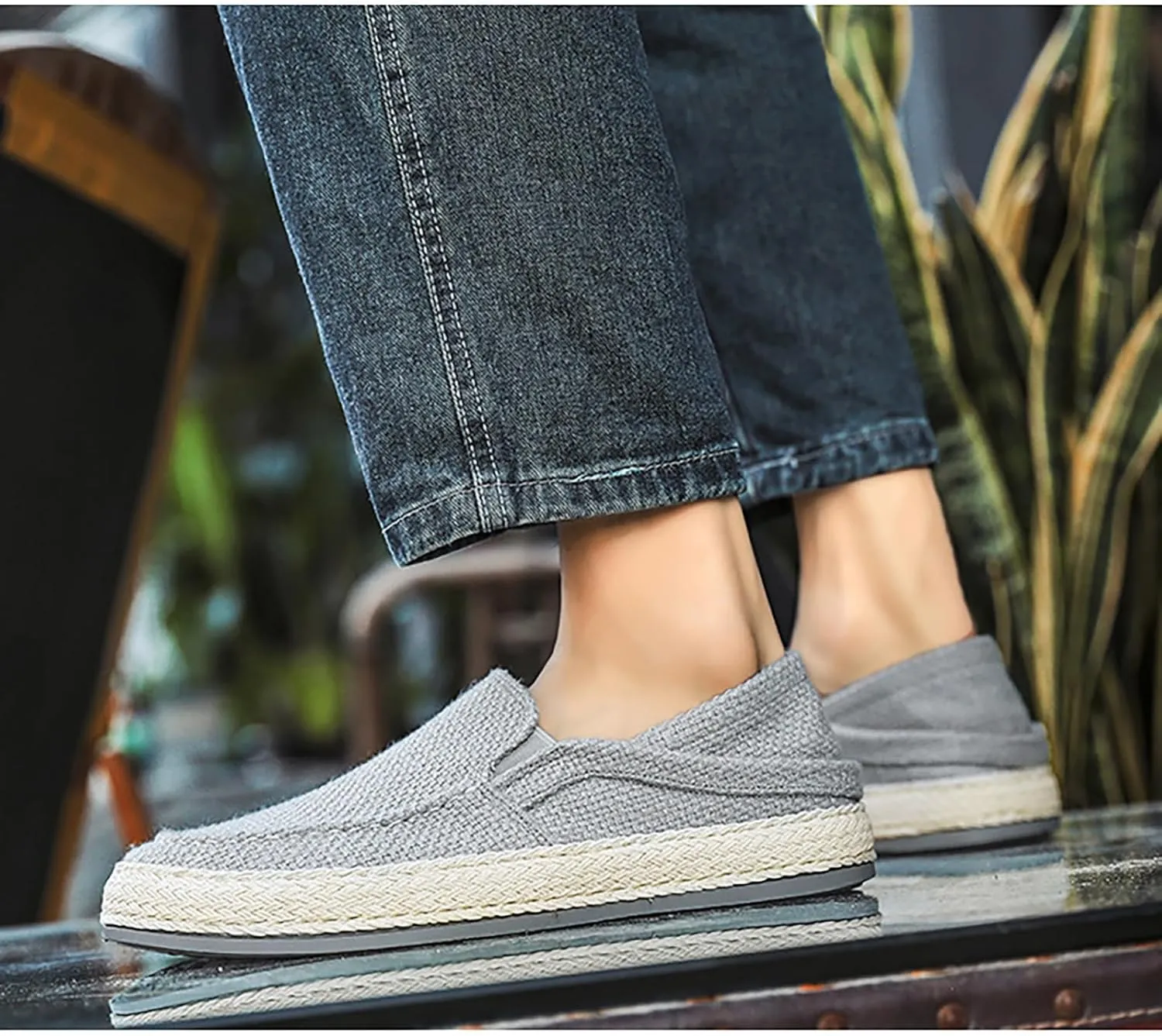 Men's Canvas Slip-on Espadrilles Loafers,Fashion Breathable Hand Stitching Linen Indoor Outdoor Non-Slip Comfortable Flat, Fisherman Casual Walking Sneakers Moccasins Boat Shoes