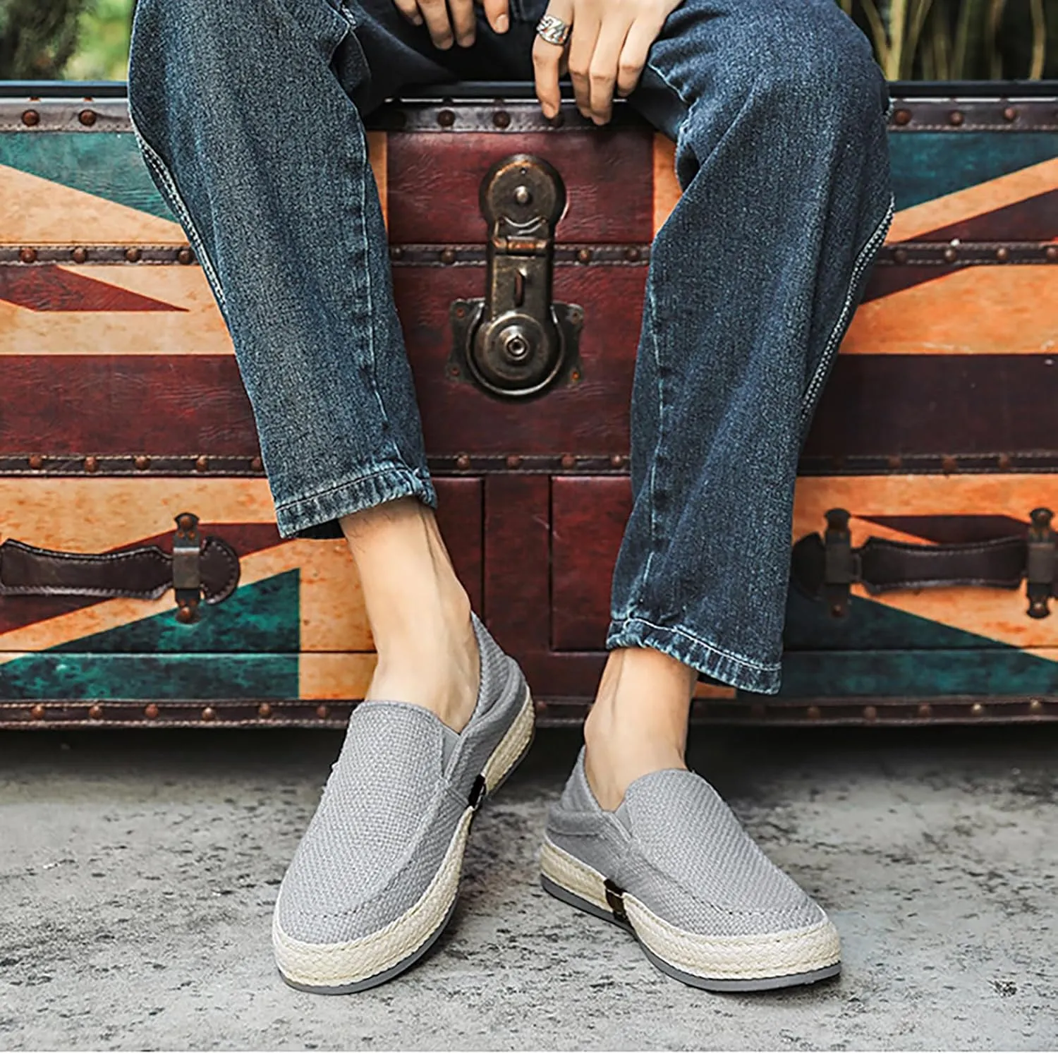 Men's Canvas Slip-on Espadrilles Loafers,Fashion Breathable Hand Stitching Linen Indoor Outdoor Non-Slip Comfortable Flat, Fisherman Casual Walking Sneakers Moccasins Boat Shoes
