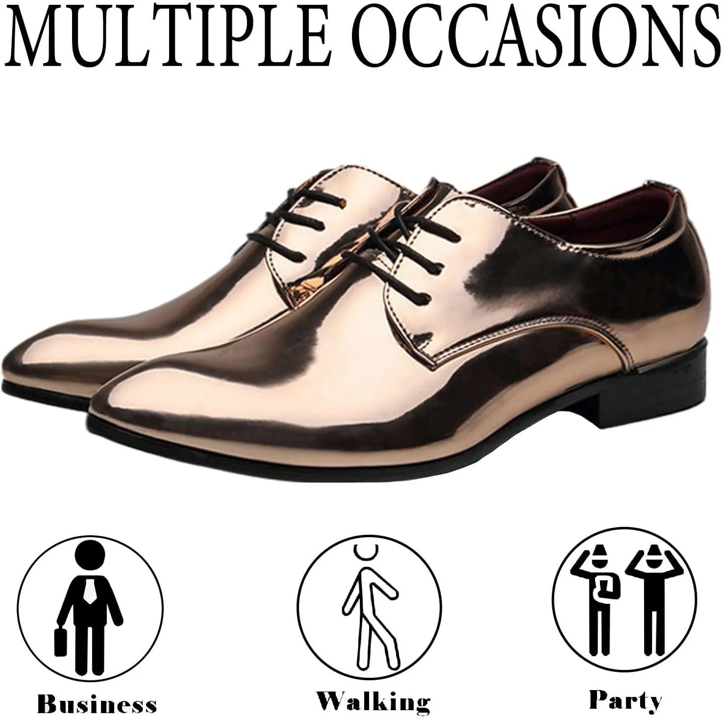 Men's Patent Leather Fashion Lace Up Low Heel Oxford Shoes Shiny Luxury Classic Pointed Toe Low Top Formal Derby Shoes Prom Party Casual Business Tuxedo Dress Shoes