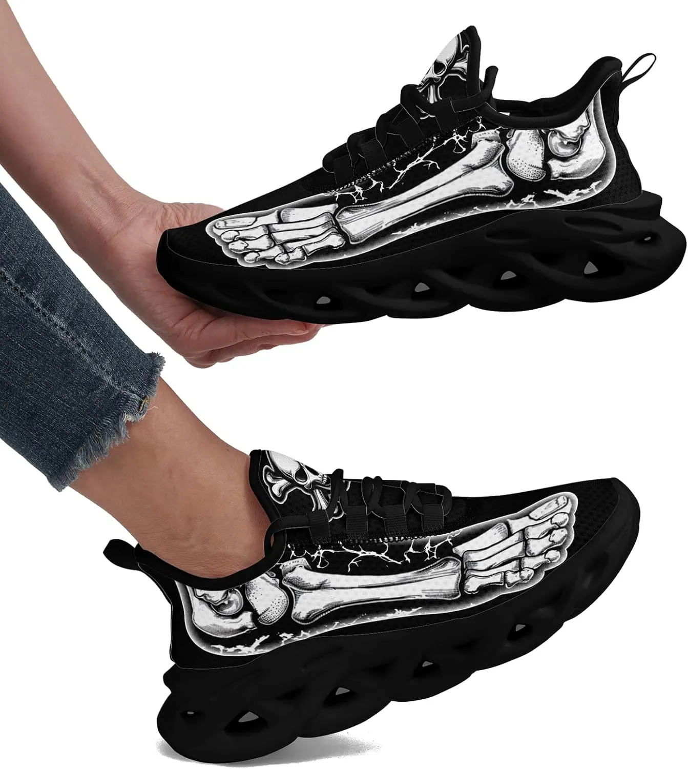 Men's Skull Gothic Running Shoes Lightweight Breathable Sport Shoes for Women Cushion Slip On Walking Sneaker