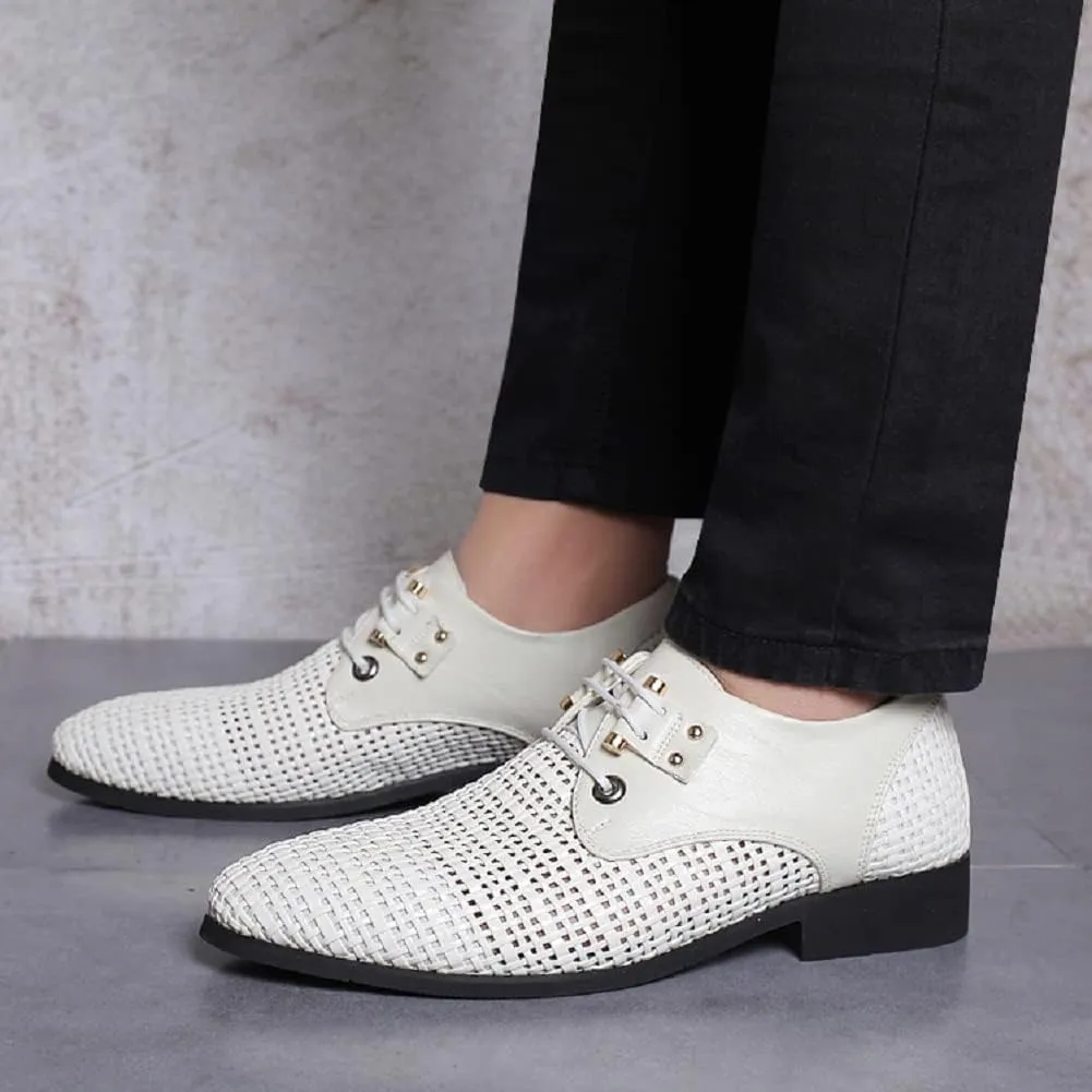 Men's Woven Leather Hollow Out Oxfords,Breathable Fashion Lace Up Dress Wingtip Shoes Casual Comfort Derby Shoes