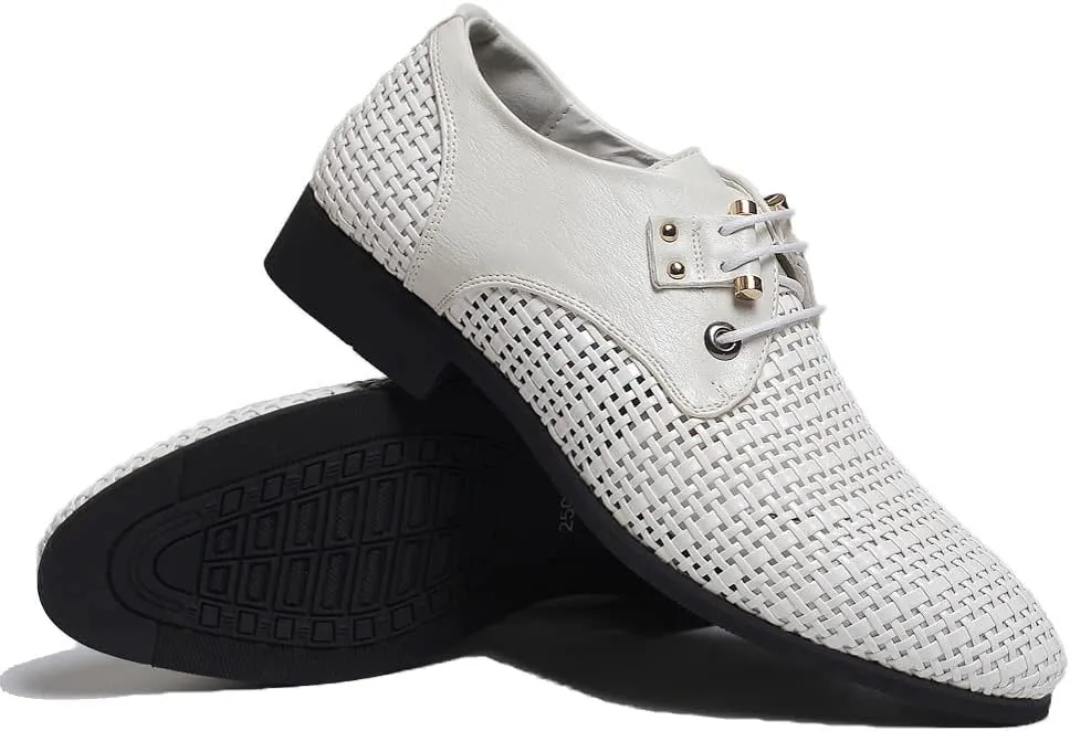 Men's Woven Leather Hollow Out Oxfords,Breathable Fashion Lace Up Dress Wingtip Shoes Casual Comfort Derby Shoes