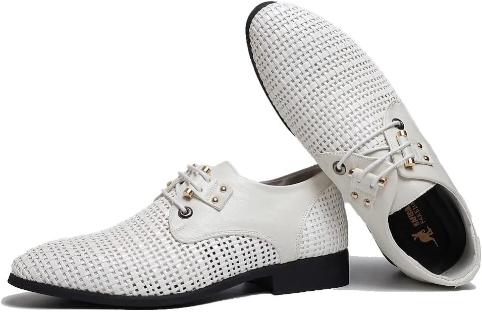 Men's Woven Leather Hollow Out Oxfords,Breathable Fashion Lace Up Dress Wingtip Shoes Casual Comfort Derby Shoes