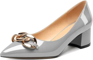 Mettesally Women's Block Heel Pumps Pointed Toe Mid Heels Heeled Pumps Low Heels with Metal Chain Dressy Wedding Party Shoes
