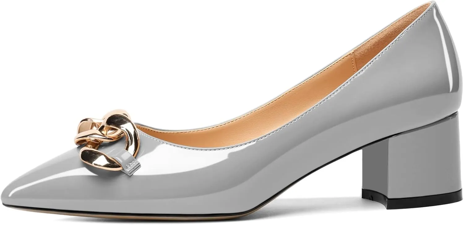 Mettesally Women's Block Heel Pumps Pointed Toe Mid Heels Heeled Pumps Low Heels with Metal Chain Dressy Wedding Party Shoes