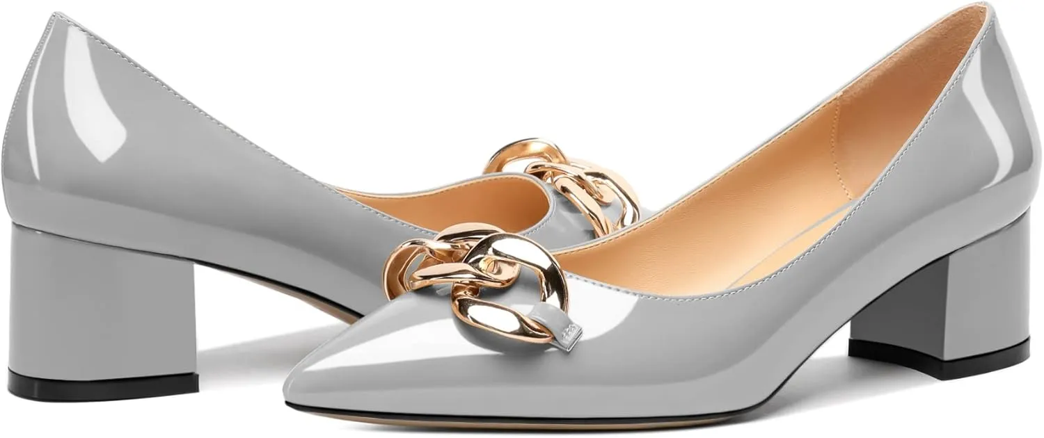 Mettesally Women's Block Heel Pumps Pointed Toe Mid Heels Heeled Pumps Low Heels with Metal Chain Dressy Wedding Party Shoes