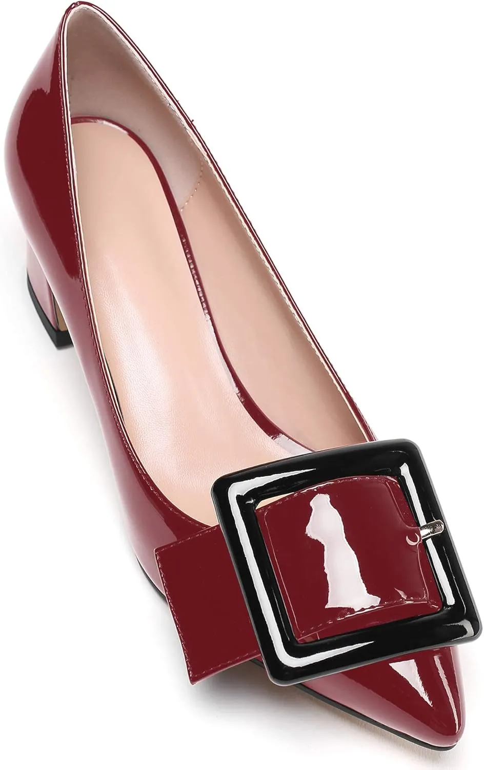 Mettesally Women's Block Heels Chunky Heel Pumps Classic Pointed Toe Slip On Buckle Wedding Office Dress Shoes