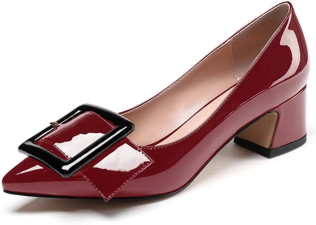 Mettesally Women's Block Heels Chunky Heel Pumps Classic Pointed Toe Slip On Buckle Wedding Office Dress Shoes