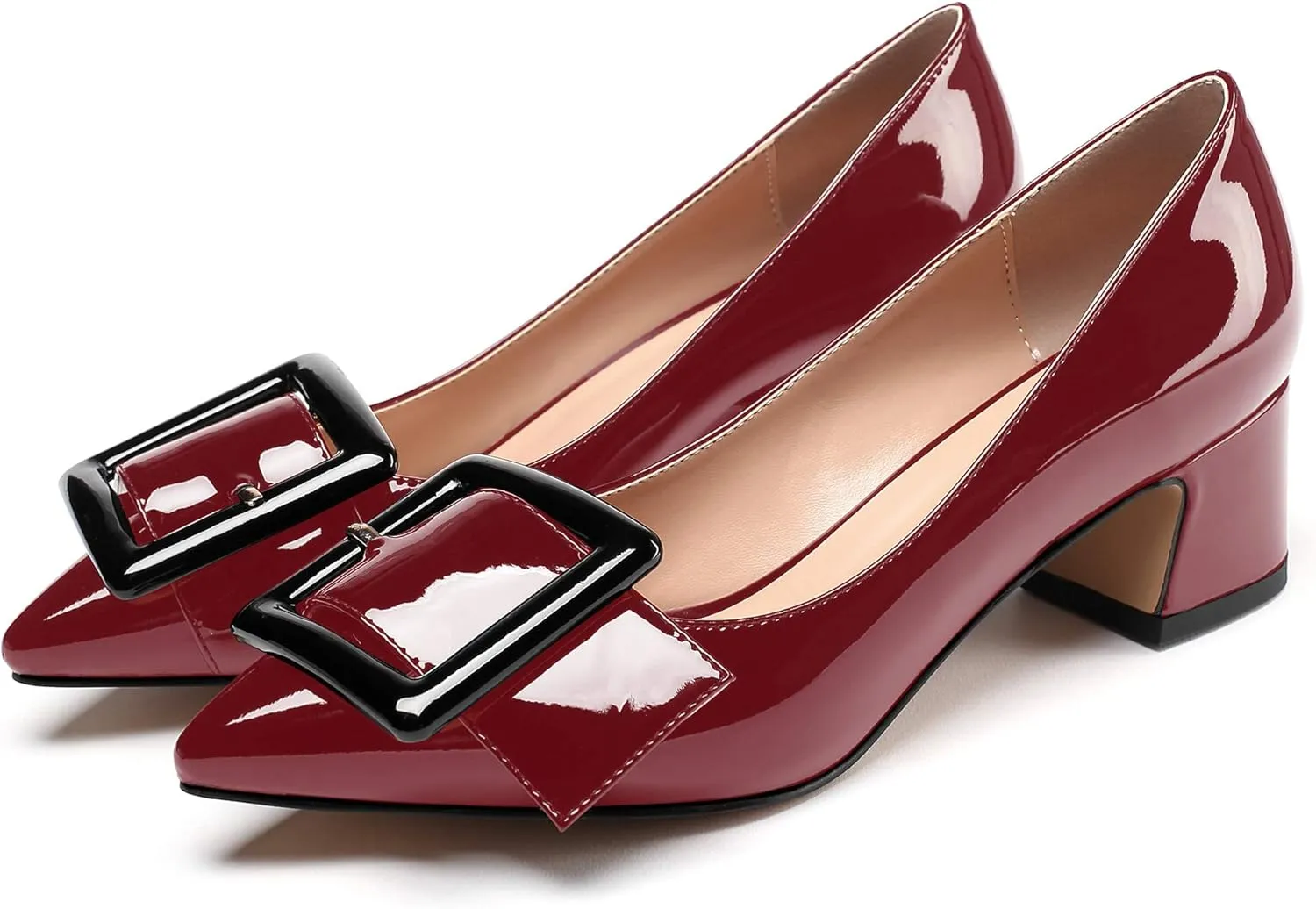 Mettesally Women's Block Heels Chunky Heel Pumps Classic Pointed Toe Slip On Buckle Wedding Office Dress Shoes