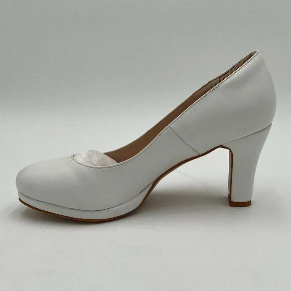 miss left White Low Platform High Chunky Heeled Slip On Closed Round Toe Pump