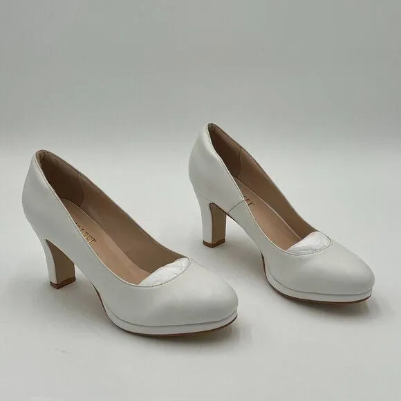 miss left White Low Platform High Chunky Heeled Slip On Closed Round Toe Pump