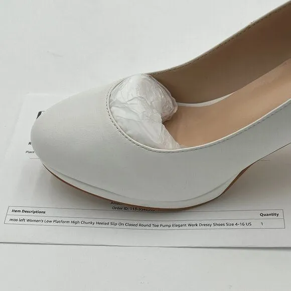 miss left White Low Platform High Chunky Heeled Slip On Closed Round Toe Pump