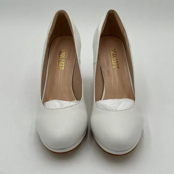 miss left White Low Platform High Chunky Heeled Slip On Closed Round Toe Pump