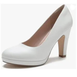 miss left White Low Platform High Chunky Heeled Slip On Closed Round Toe Pump