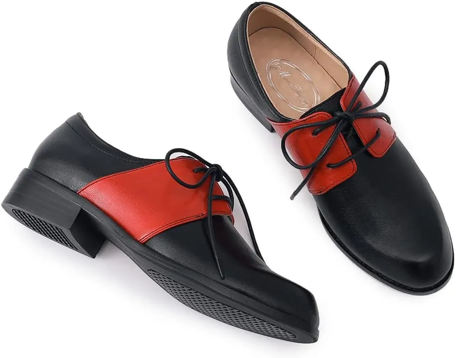 Mona flying Women's Handmade Two Tone Dress Oxfords Derby Comfy Lace up Leather Shoes for Ladies