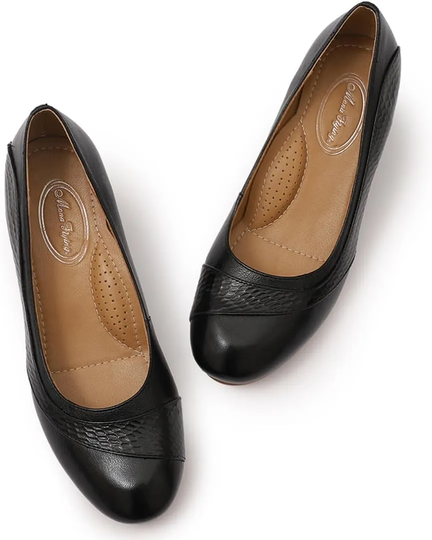 Mona flying Women's Leather Closed Toe 2 Inch Mid Wedges Heels with Arch Support Round Toe Comfortable Dress Pumps for Women Ladies
