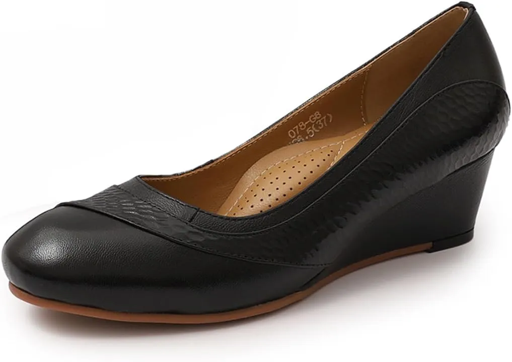 Mona flying Women's Leather Closed Toe 2 Inch Mid Wedges Heels with Arch Support Round Toe Comfortable Dress Pumps for Women Ladies