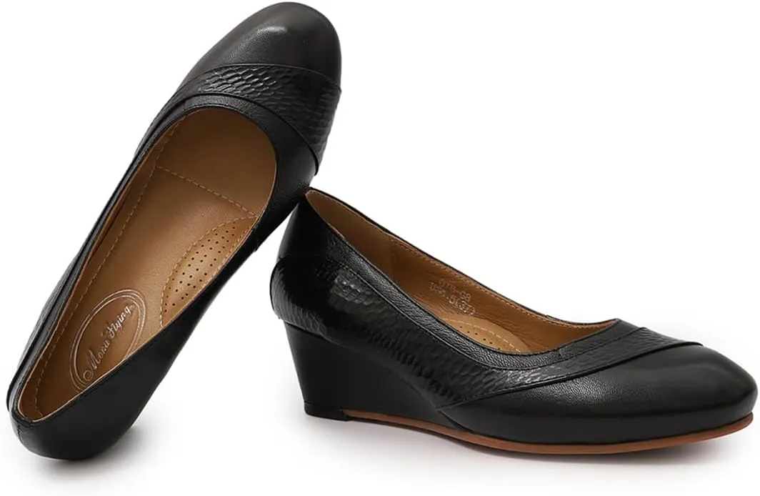 Mona flying Women's Leather Closed Toe 2 Inch Mid Wedges Heels with Arch Support Round Toe Comfortable Dress Pumps for Women Ladies