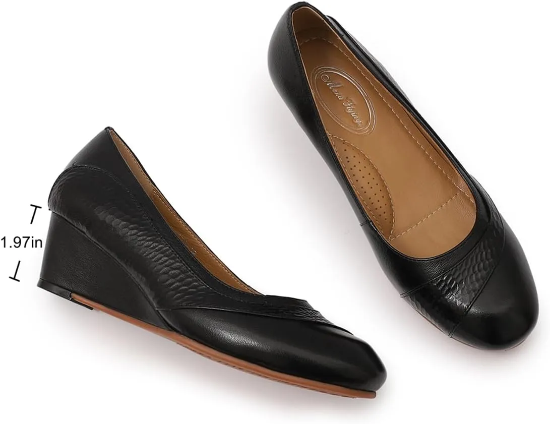 Mona flying Women's Leather Closed Toe 2 Inch Mid Wedges Heels with Arch Support Round Toe Comfortable Dress Pumps for Women Ladies
