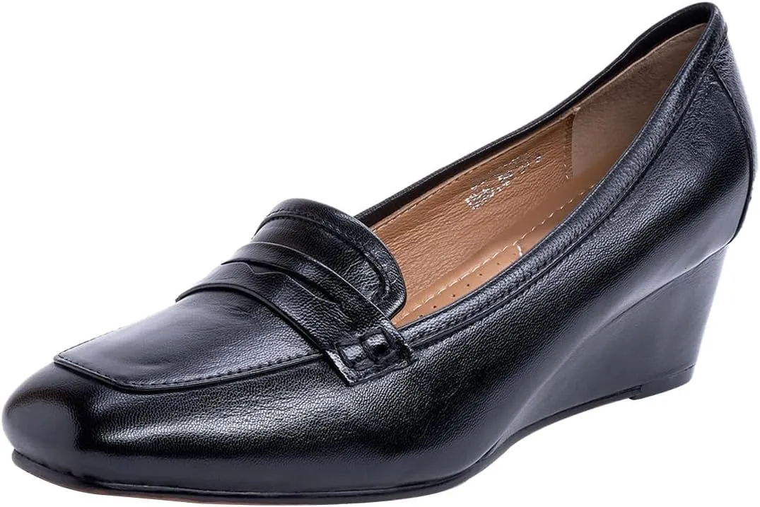 Mona flying Women's Leather Closed Toe 2 inches Wedges Pumps Square Toe Comfortable Heeled Office Work Dress Shoes for Ladies
