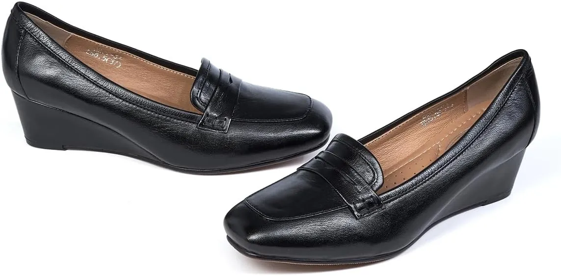 Mona flying Women's Leather Closed Toe 2 inches Wedges Pumps Square Toe Comfortable Heeled Office Work Dress Shoes for Ladies