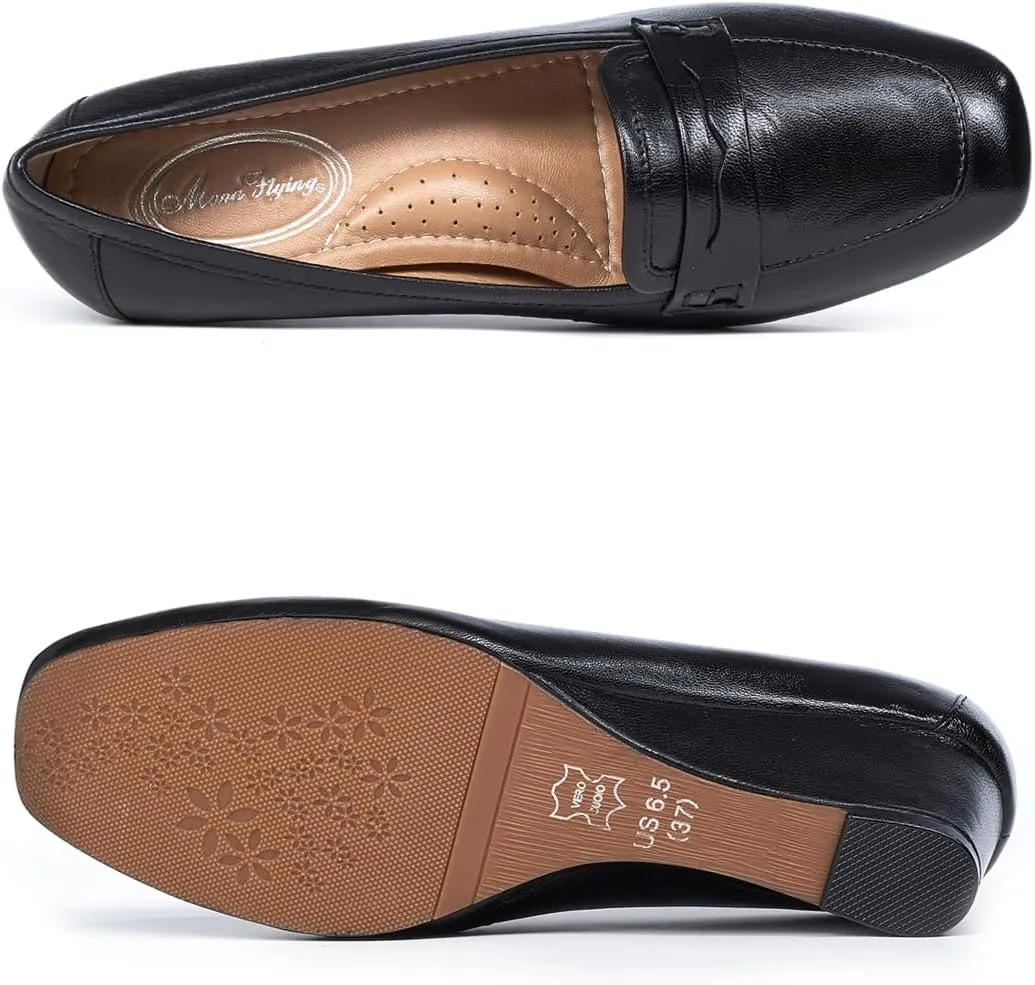 Mona flying Women's Leather Closed Toe 2 inches Wedges Pumps Square Toe Comfortable Heeled Office Work Dress Shoes for Ladies