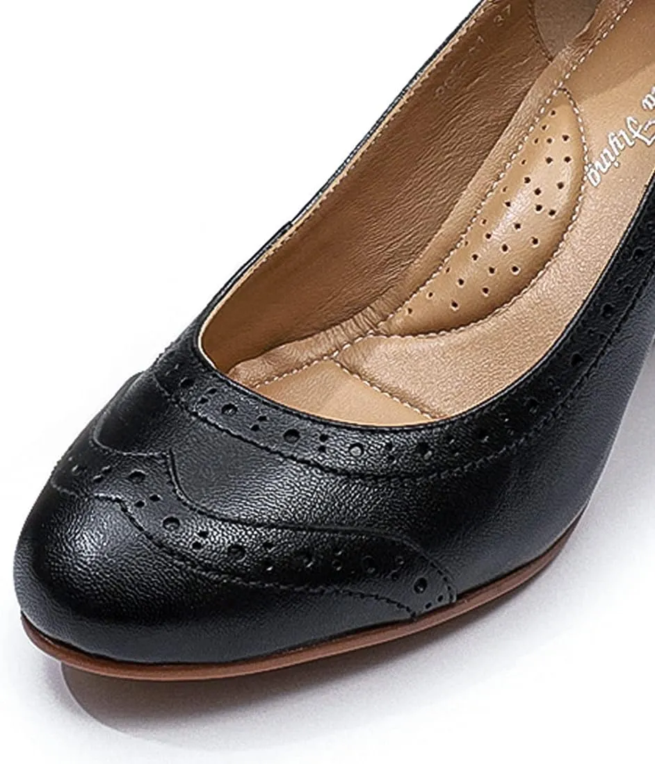 Mona flying Women's Vintage Leather Pump Chunky Heel Round Toe Office Dress Shoes for Ladies