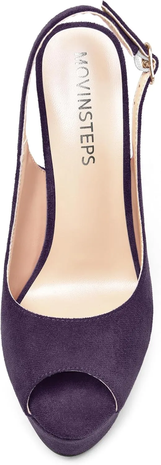 MOVINSTEPS Womens Platform Wedding Buckle Peep Toe Slingback Solid Dress Suede Wedge High Heel Pumps Shoes 6 Inch