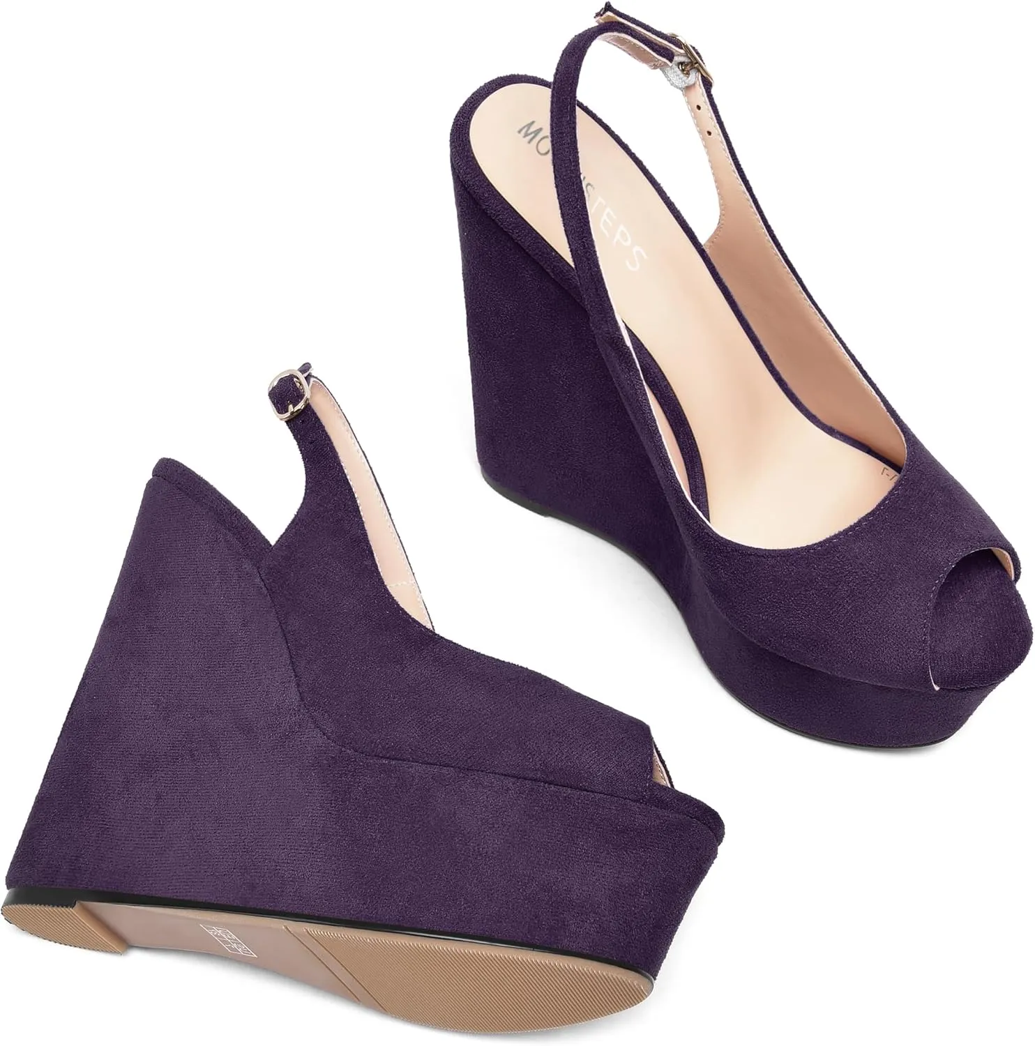 MOVINSTEPS Womens Platform Wedding Buckle Peep Toe Slingback Solid Dress Suede Wedge High Heel Pumps Shoes 6 Inch