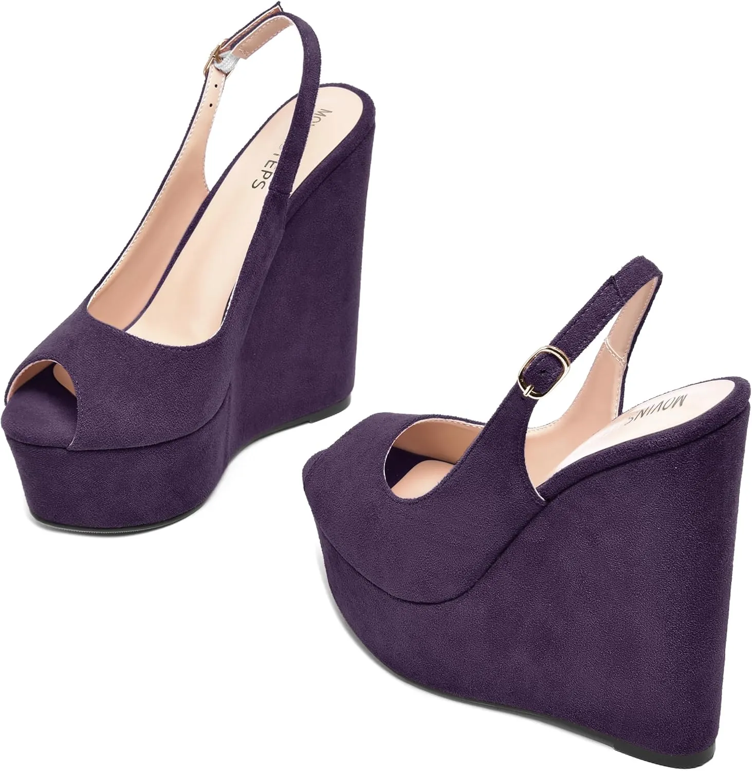 MOVINSTEPS Womens Platform Wedding Buckle Peep Toe Slingback Solid Dress Suede Wedge High Heel Pumps Shoes 6 Inch