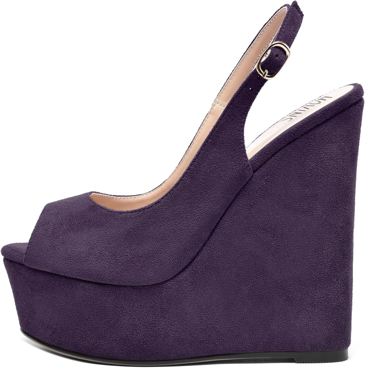 MOVINSTEPS Womens Platform Wedding Buckle Peep Toe Slingback Solid Dress Suede Wedge High Heel Pumps Shoes 6 Inch