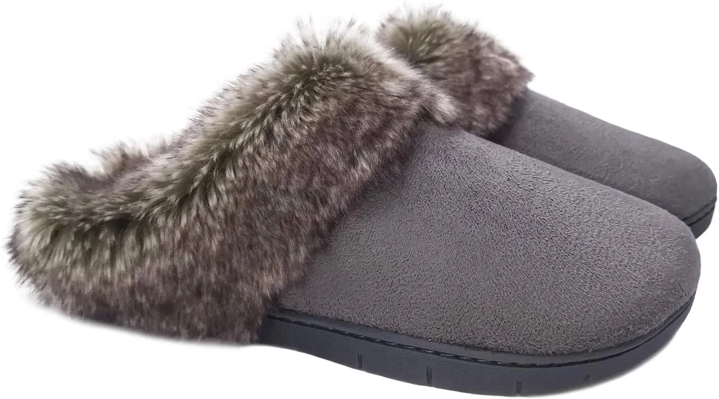 ofoot Womens Winter Warm Moccasins Suede Faux Fur Mule Slippers Furry House Shoes Memory Foam Hard Soled for Indoor Outdoor
