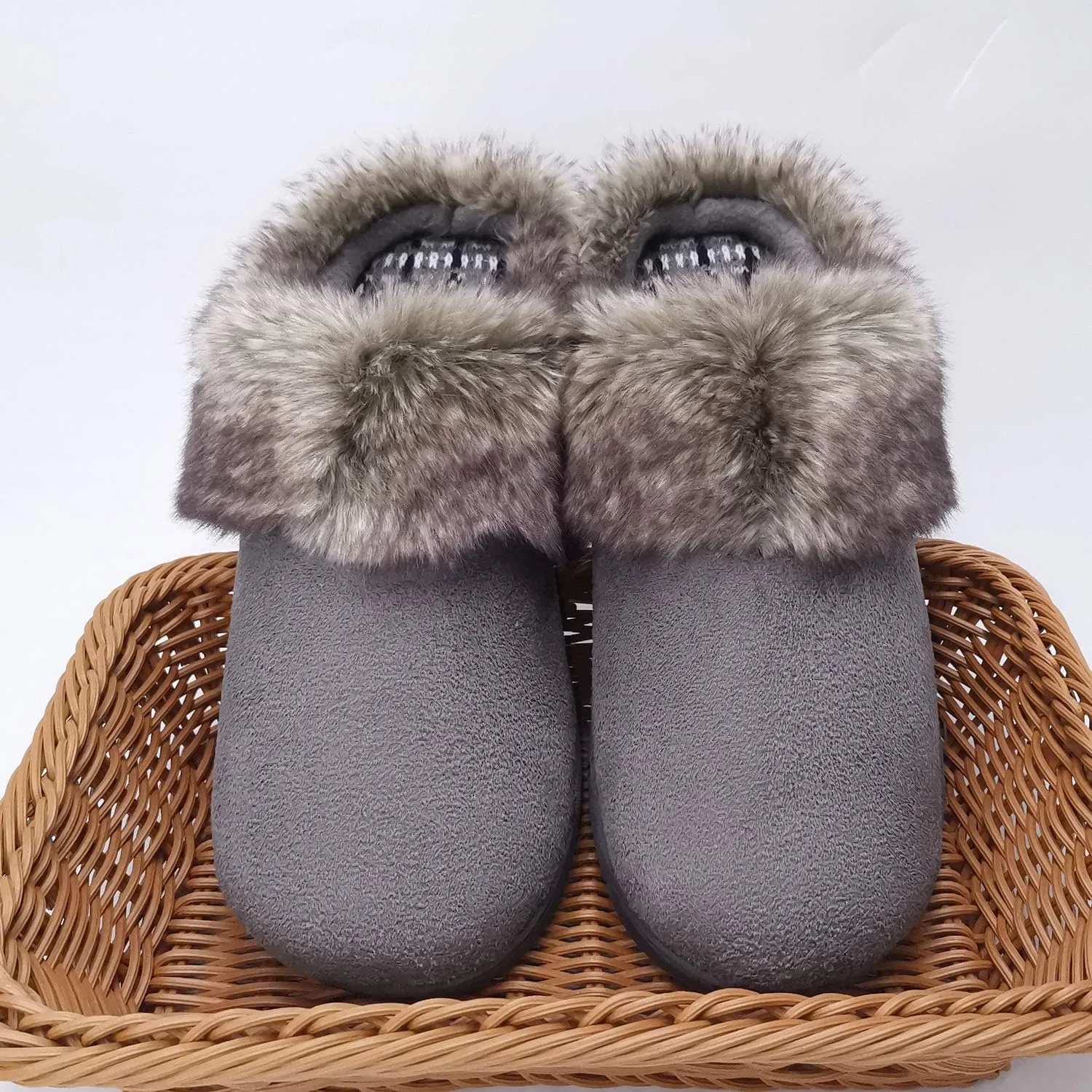 ofoot Womens Winter Warm Moccasins Suede Faux Fur Mule Slippers Furry House Shoes Memory Foam Hard Soled for Indoor Outdoor