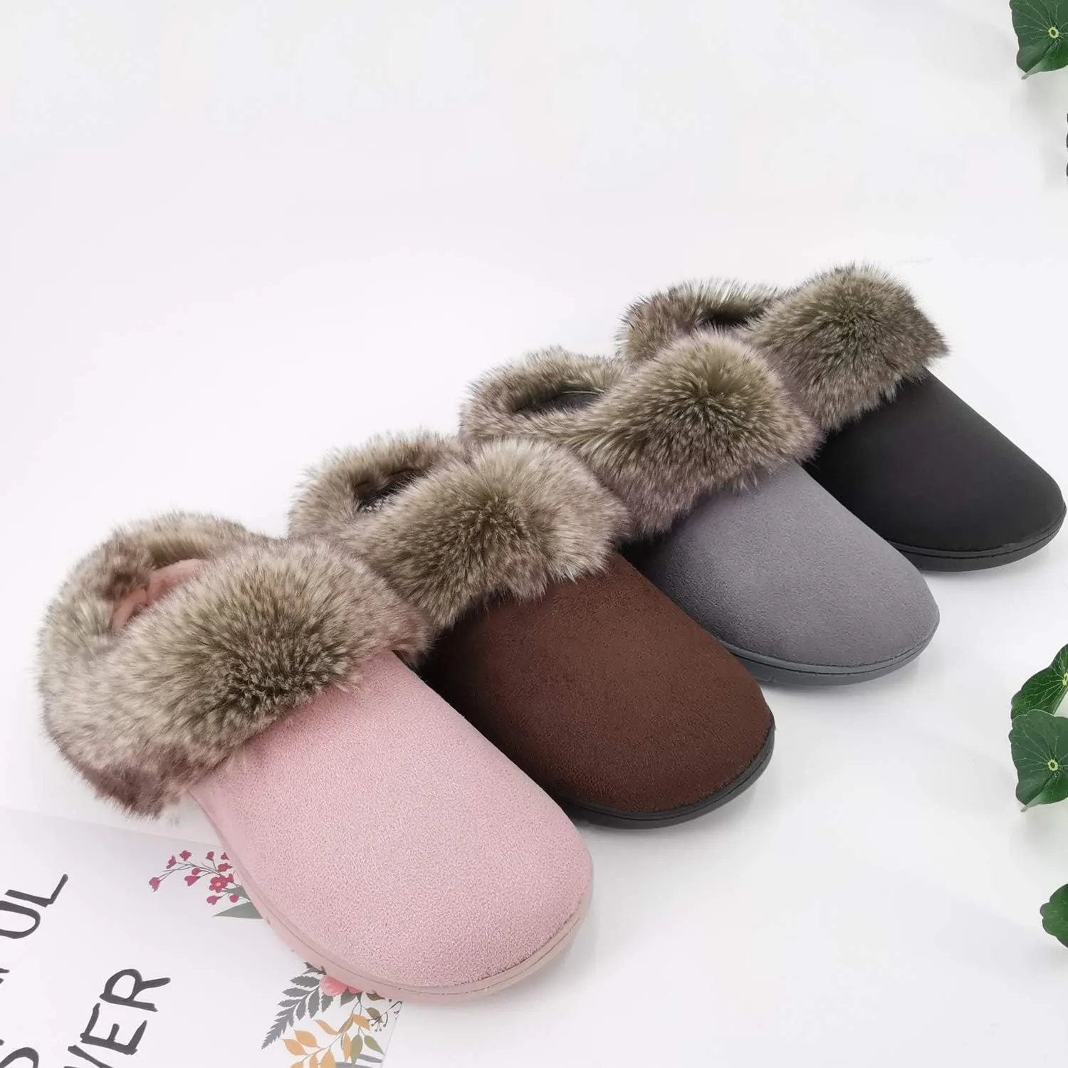 ofoot Womens Winter Warm Moccasins Suede Faux Fur Mule Slippers Furry House Shoes Memory Foam Hard Soled for Indoor Outdoor