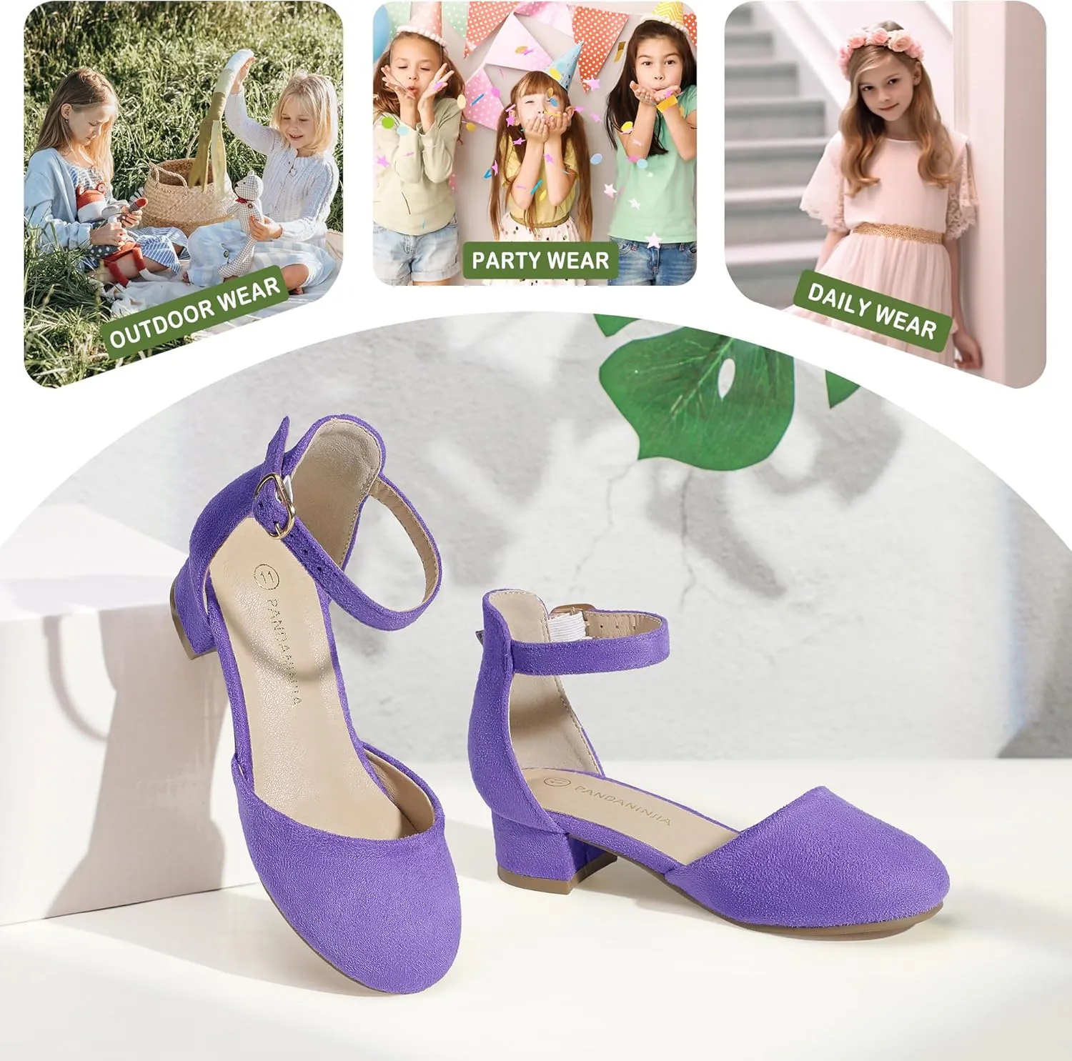PANDANINJIA Girls Heels Dress Shoes Flower Girl Closed Toe Heels Ankle Strap Wedding Party School Miya Toddler Little Big Kid Pump Shoes
