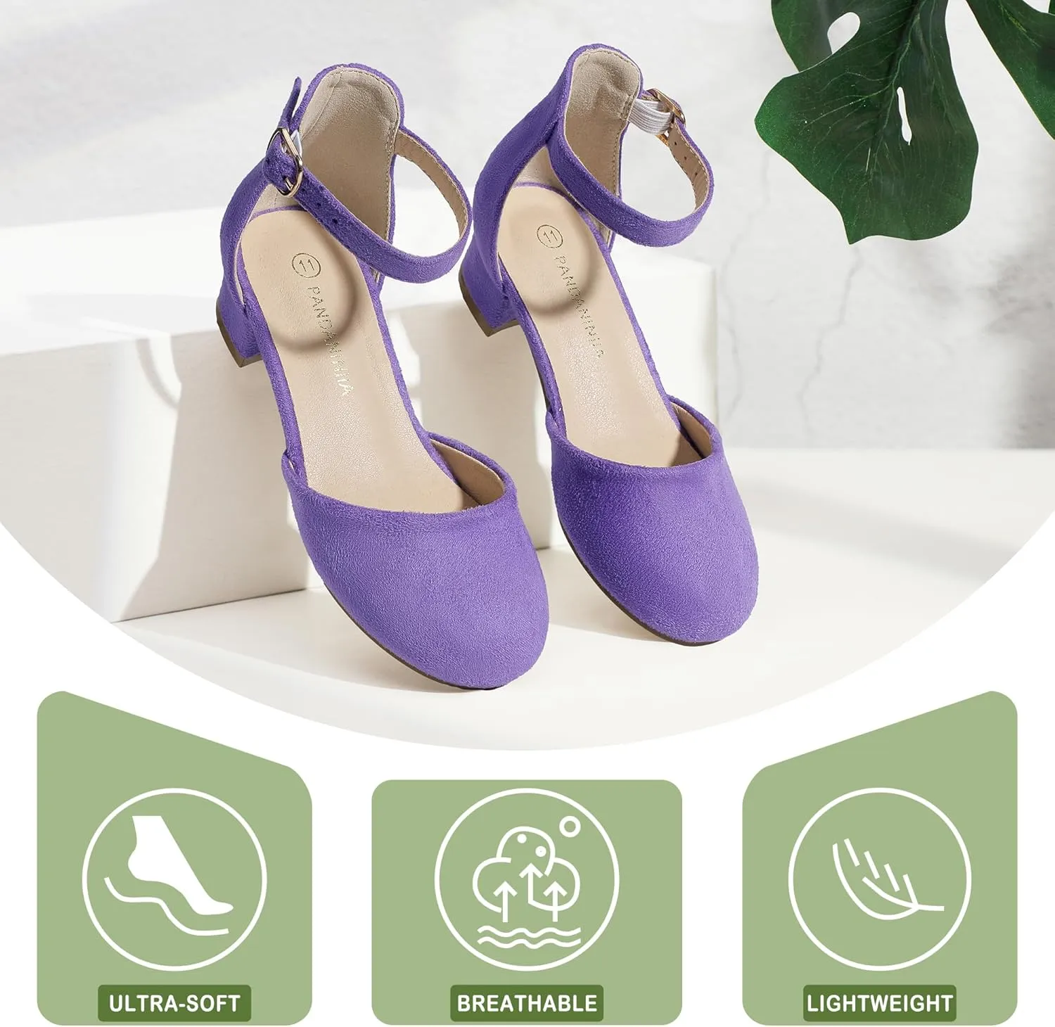 PANDANINJIA Girls Heels Dress Shoes Flower Girl Closed Toe Heels Ankle Strap Wedding Party School Miya Toddler Little Big Kid Pump Shoes